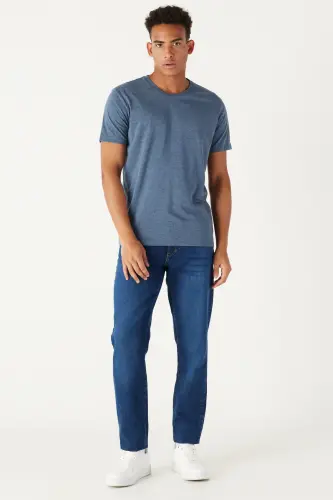 Men's Indigo Melange Cotton Slim Fit Crew Neck Basic T-shirt-INDIGO MELANGE - 3