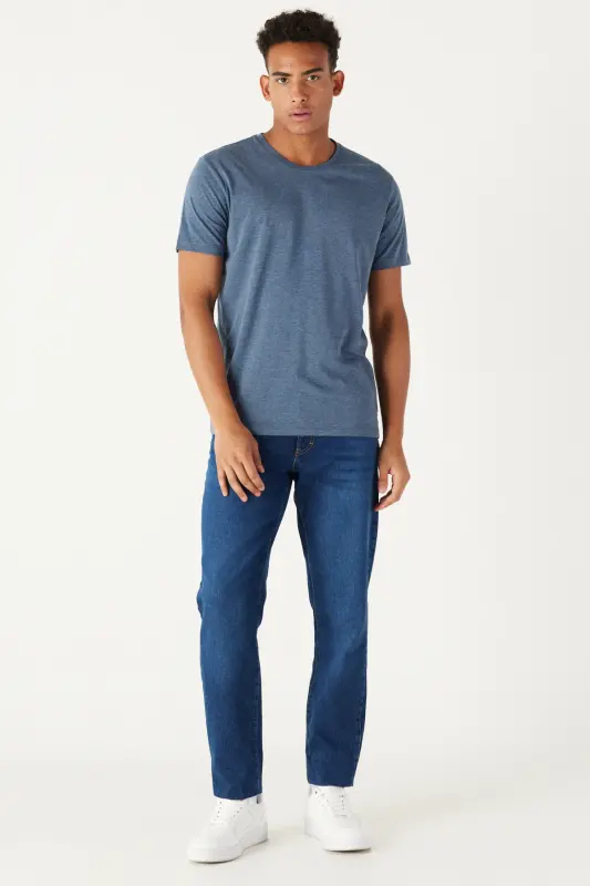 Men's Indigo Melange Cotton Slim Fit Crew Neck Basic T-shirt-INDIGO MELANGE - 3