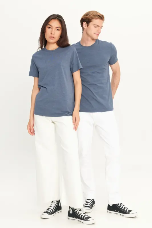 Men's Indigo Melange Cotton Slim Fit Crew Neck Basic T-shirt-INDIGO MELANGE - 4