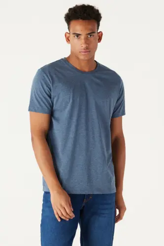 Men's Indigo Melange Cotton Slim Fit Crew Neck Basic T-shirt-INDIGO MELANGE - 5