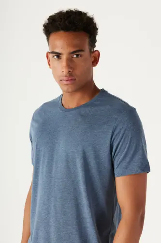 Men's Indigo Melange Cotton Slim Fit Crew Neck Basic T-shirt-INDIGO MELANGE - 7