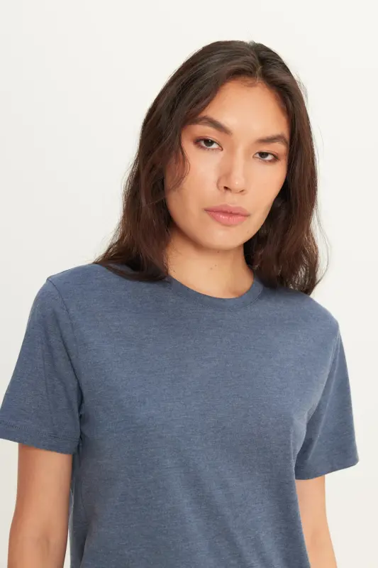 Men's Indigo Melange Cotton Slim Fit Crew Neck Basic T-shirt-INDIGO MELANGE - 2