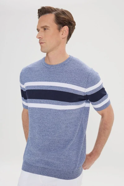 Men's Indigo-Navy Standard Fit Regular Cut 100% Cotton Striped Crew Neck Knitted T-Shirt - ALTINYILDIZ CLASSICS