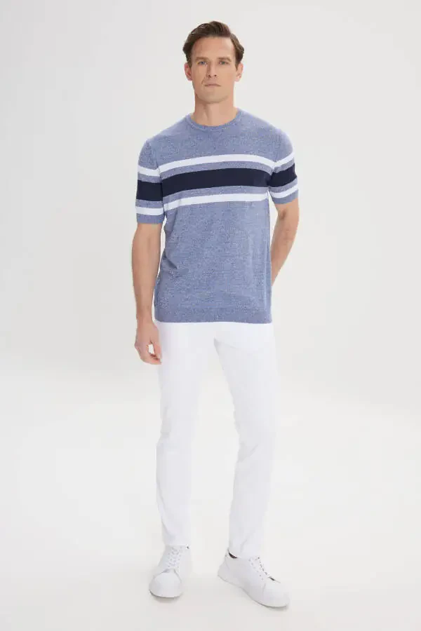 Men's Indigo-Navy Standard Fit Regular Cut 100% Cotton Striped Crew Neck Knitted T-Shirt - 2