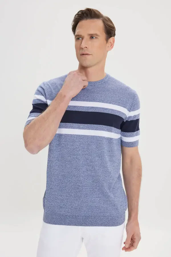 Men's Indigo-Navy Standard Fit Regular Cut 100% Cotton Striped Crew Neck Knitted T-Shirt - 3