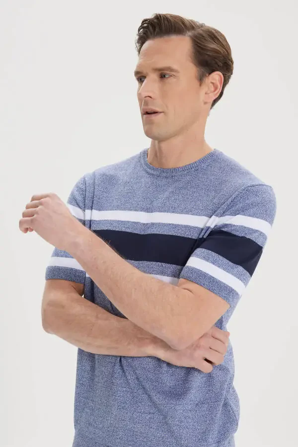 Men's Indigo-Navy Standard Fit Regular Cut 100% Cotton Striped Crew Neck Knitted T-Shirt - 4