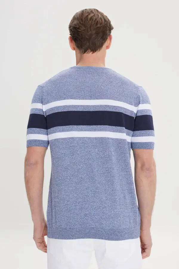 Men's Indigo-Navy Standard Fit Regular Cut 100% Cotton Striped Crew Neck Knitted T-Shirt - 5