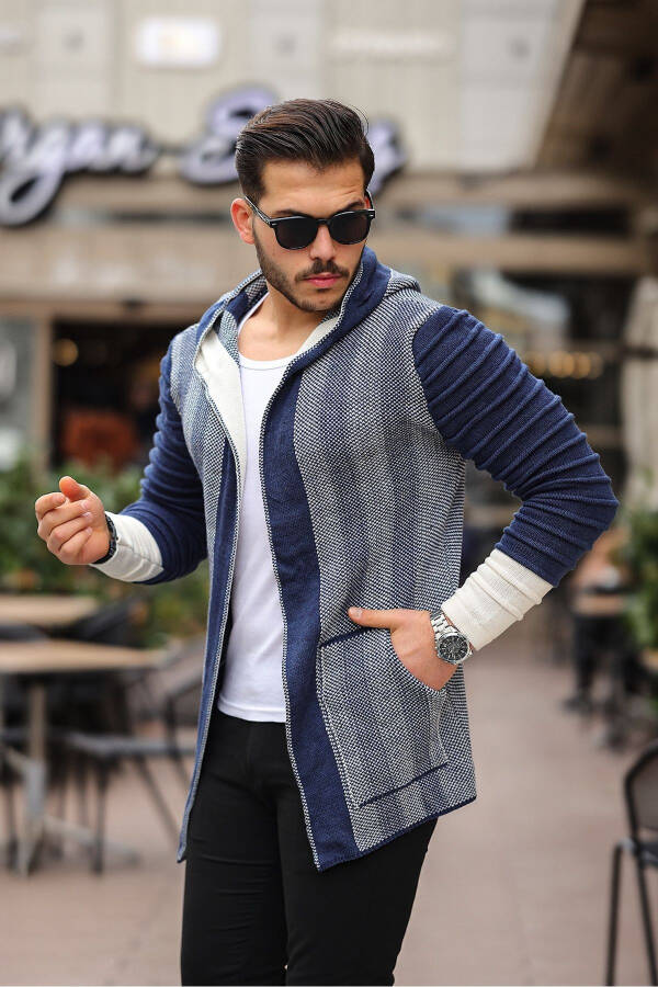 Men's Indigo Patterned Poncho Cardigan - 1