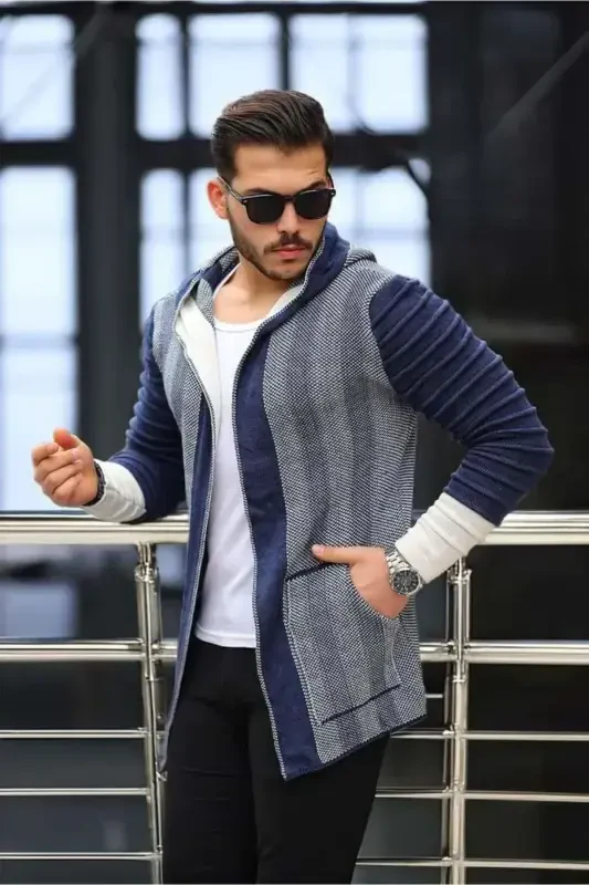 Men's Indigo Patterned Poncho Cardigan - VALIBERTA