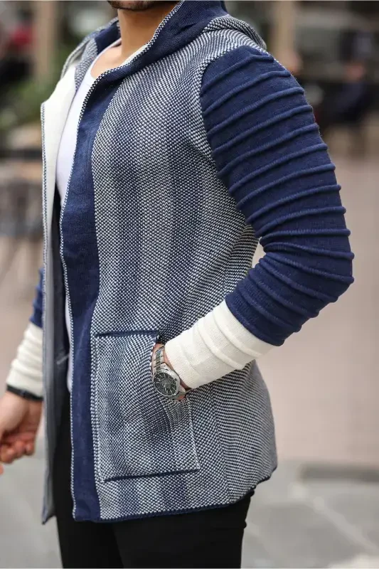 Men's Indigo Patterned Poncho Cardigan - 2