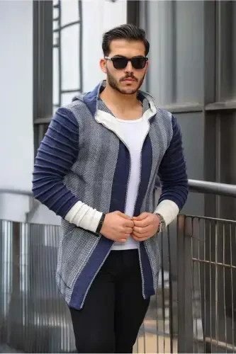 Men's Indigo Patterned Poncho Cardigan - 3