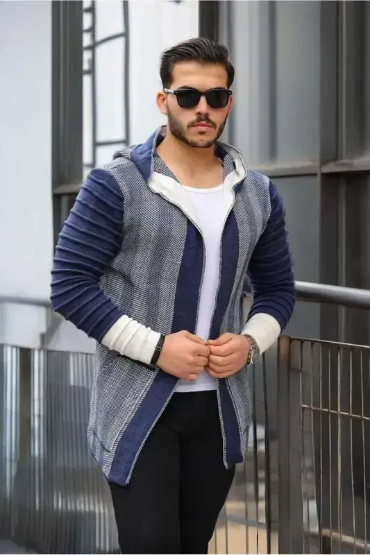 Men's Indigo Patterned Poncho Cardigan - 3