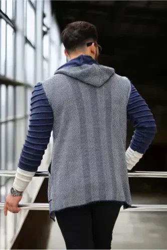 Men's Indigo Patterned Poncho Cardigan - 4