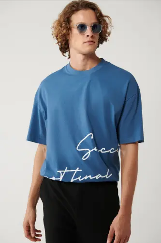 Men's Indigo Polo Neck Printed Oversize T-shirt A41y1038 