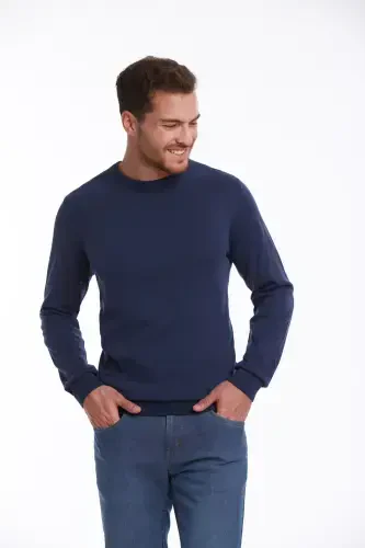 Men's Indigo Regular Fit 100% Cotton Crew Neck - HATEMOĞLU (1)