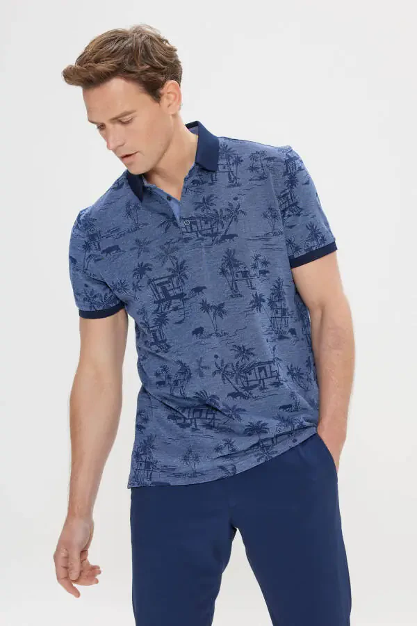 Men's Indigo Slim Fit 100% Cotton Patterned Polo Shirt - 3