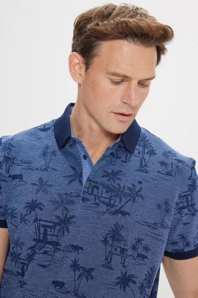 Men's Indigo Slim Fit 100% Cotton Patterned Polo Shirt - 4