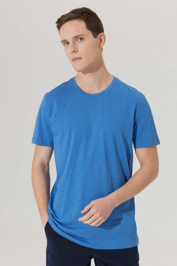 Men's Indigo Slim Fit Narrow Cut Bicycle Collar 100% Cotton Logo T-shirt - 1