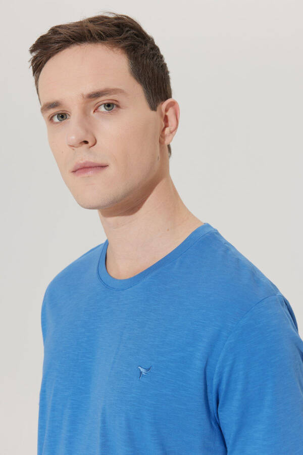 Men's Indigo Slim Fit Narrow Cut Bicycle Collar 100% Cotton Logo T-shirt - 3