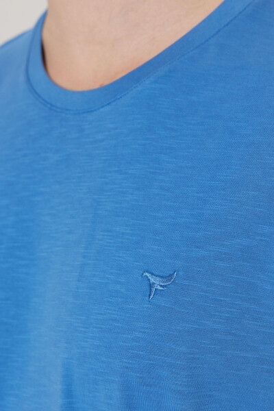 Men's Indigo Slim Fit Narrow Cut Bicycle Collar 100% Cotton Logo T-shirt - 4