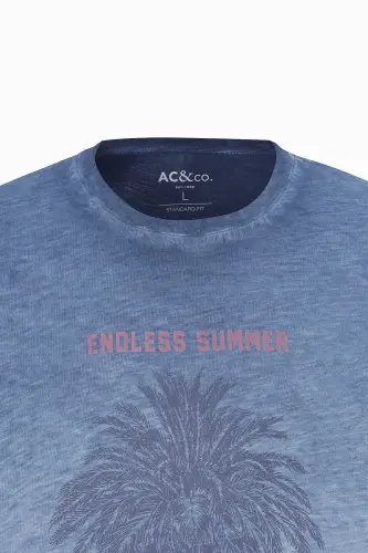Men's Indigo Standard Fit Regular Fit 100% Cotton Slub Crew Neck T-shirt - AC&CO / ALTINYILDIZ CLASSICS (1)