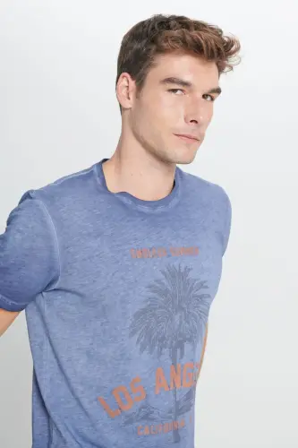 Men's Indigo Standard Fit Regular Fit 100% Cotton Slub Crew Neck T-shirt - 8