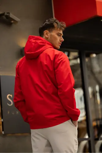 Men's Inner Lined Water Resistant Hooded Raincoat-Red - 3