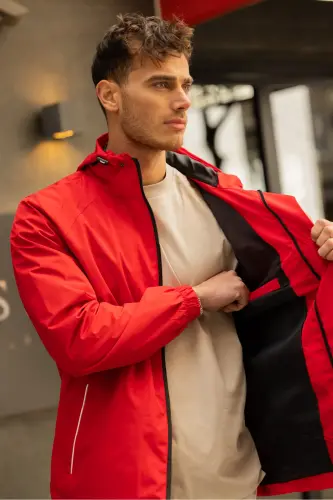 Men's Inner Lined Water Resistant Hooded Raincoat-Red - 4