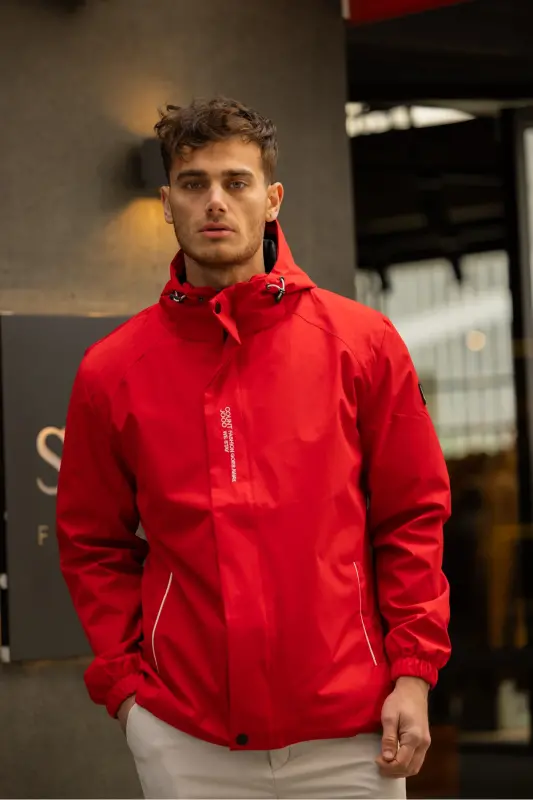 Men's Inner Lined Water Resistant Hooded Raincoat-Red - 5