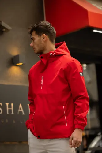 Men's Inner Lined Water Resistant Hooded Raincoat-Red - 6