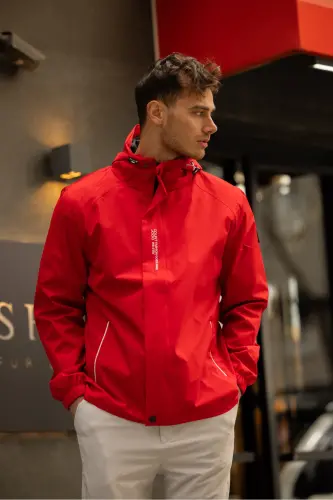 Men's Inner Lined Water Resistant Hooded Raincoat-Red - 7