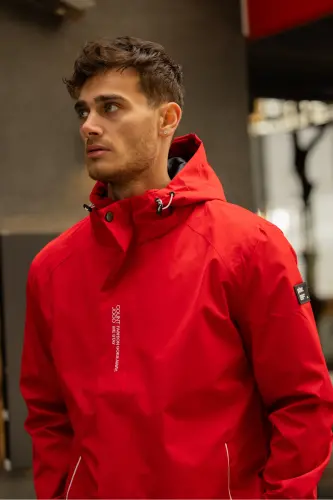 Men's Inner Lined Water Resistant Hooded Raincoat-Red - 8