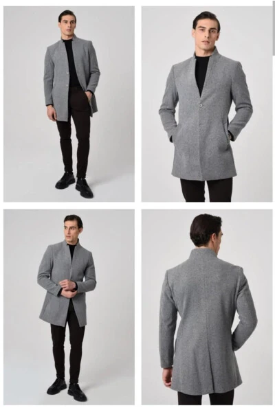 Men's Italian cut, slim fit, long coat with a stand collar. - NOKTA MODA