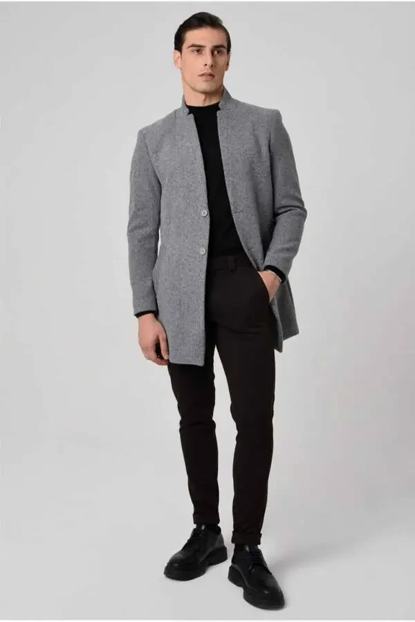 Men's Italian cut, slim fit, long coat with a stand collar. - 2
