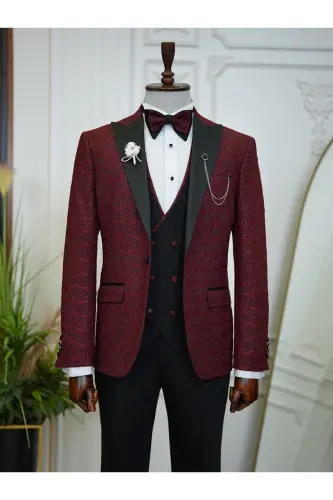 Men's Jacquard Tuxedo Groom Suit with Swallowtail Collar, Italian Cut Slim Fit Jacket, Vest, Pants and Bow Tie 