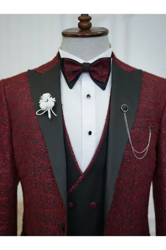 Men's Jacquard Tuxedo Groom Suit with Swallowtail Collar, Italian Cut Slim Fit Jacket, Vest, Pants and Bow Tie - 3