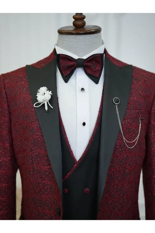 Men's Jacquard Tuxedo Groom Suit with Swallowtail Collar, Italian Cut Slim Fit Jacket, Vest, Pants and Bow Tie - 3