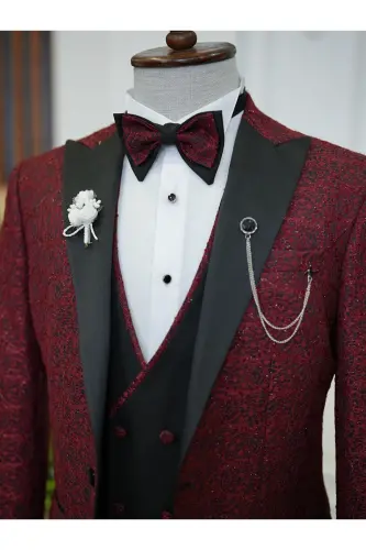 Men's Jacquard Tuxedo Groom Suit with Swallowtail Collar, Italian Cut Slim Fit Jacket, Vest, Pants and Bow Tie - 4
