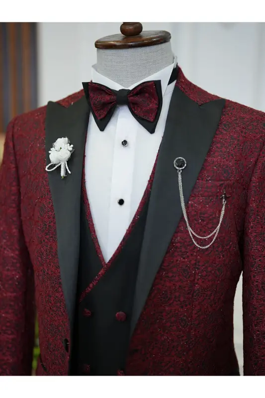 Men's Jacquard Tuxedo Groom Suit with Swallowtail Collar, Italian Cut Slim Fit Jacket, Vest, Pants and Bow Tie - 4