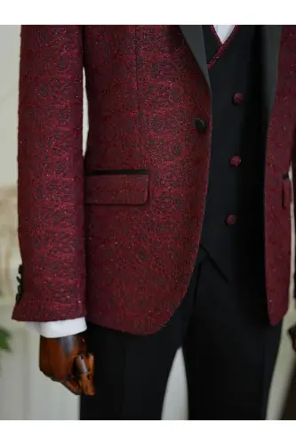 Men's Jacquard Tuxedo Groom Suit with Swallowtail Collar, Italian Cut Slim Fit Jacket, Vest, Pants and Bow Tie - 6
