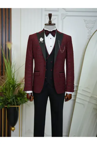 Men's Jacquard Tuxedo Groom Suit with Swallowtail Collar, Italian Cut Slim Fit Jacket, Vest, Pants and Bow Tie - 8