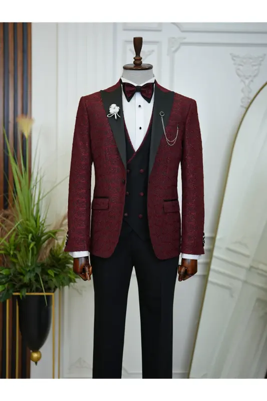 Men's Jacquard Tuxedo Groom Suit with Swallowtail Collar, Italian Cut Slim Fit Jacket, Vest, Pants and Bow Tie - 8