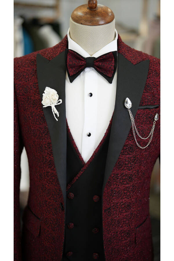 Men's Jacquard Tuxedo Groom Suit with Swallowtail Collar, Italian Cut Slim Fit Jacket, Vest, Pants and Bow Tie - 10