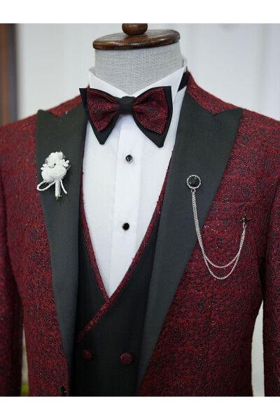 Men's Jacquard Tuxedo Groom Suit with Swallowtail Collar, Italian Cut Slim Fit Jacket, Vest, Pants and Bow Tie - 4