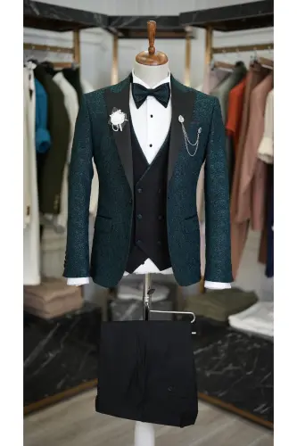 Men's Jacquard Tuxedo Groom Suit with Swallowtail Collar, Italian Cut Slim Fit Jacket, Vest, Pants and Bowtie 