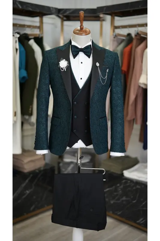 Men's Jacquard Tuxedo Groom Suit with Swallowtail Collar, Italian Cut Slim Fit Jacket, Vest, Pants and Bowtie - LONATOLİA