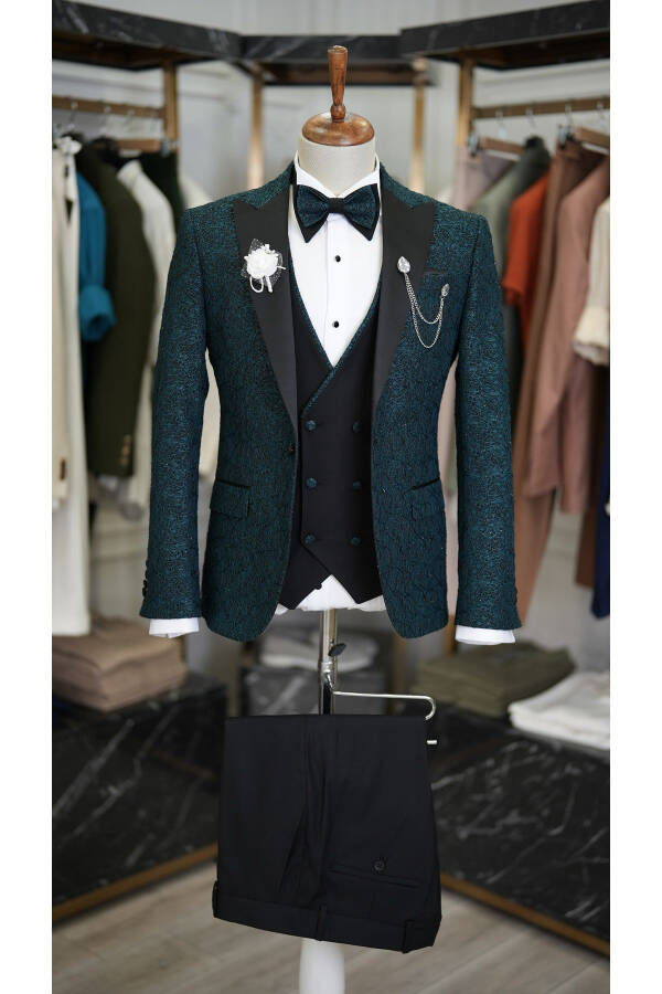 Men's Jacquard Tuxedo Groom Suit with Swallowtail Collar, Italian Cut Slim Fit Jacket, Vest, Pants and Bowtie - 1