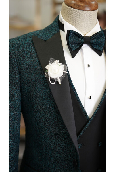 Men's Jacquard Tuxedo Groom Suit with Swallowtail Collar, Italian Cut Slim Fit Jacket, Vest, Pants and Bowtie - 3