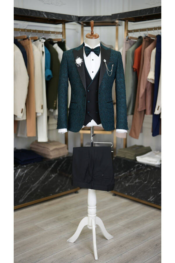 Men's Jacquard Tuxedo Groom Suit with Swallowtail Collar, Italian Cut Slim Fit Jacket, Vest, Pants and Bowtie - 7