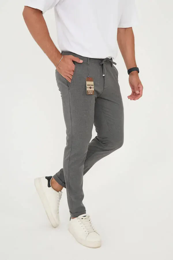 Men's Jogger Slim Fit Half Elastic Waist Double Leg Dark Grey Fabric Trousers - 4